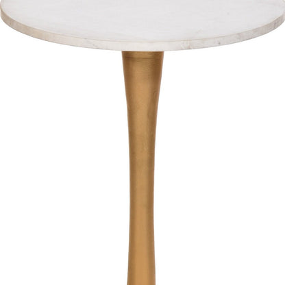 19" White And Gold Distressed Marble And Iron Round Pedestal End Table