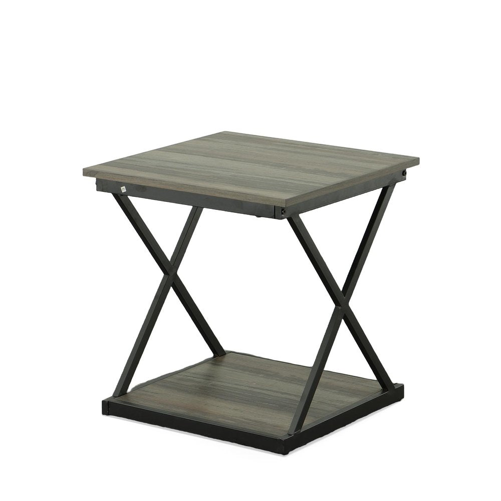 20" Gray and Black Wood and Iron Square Frame End Table With Shelf HomeRoots
