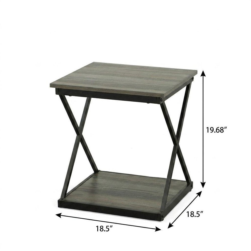 20" Gray and Black Wood and Iron Square Frame End Table With Shelf HomeRoots