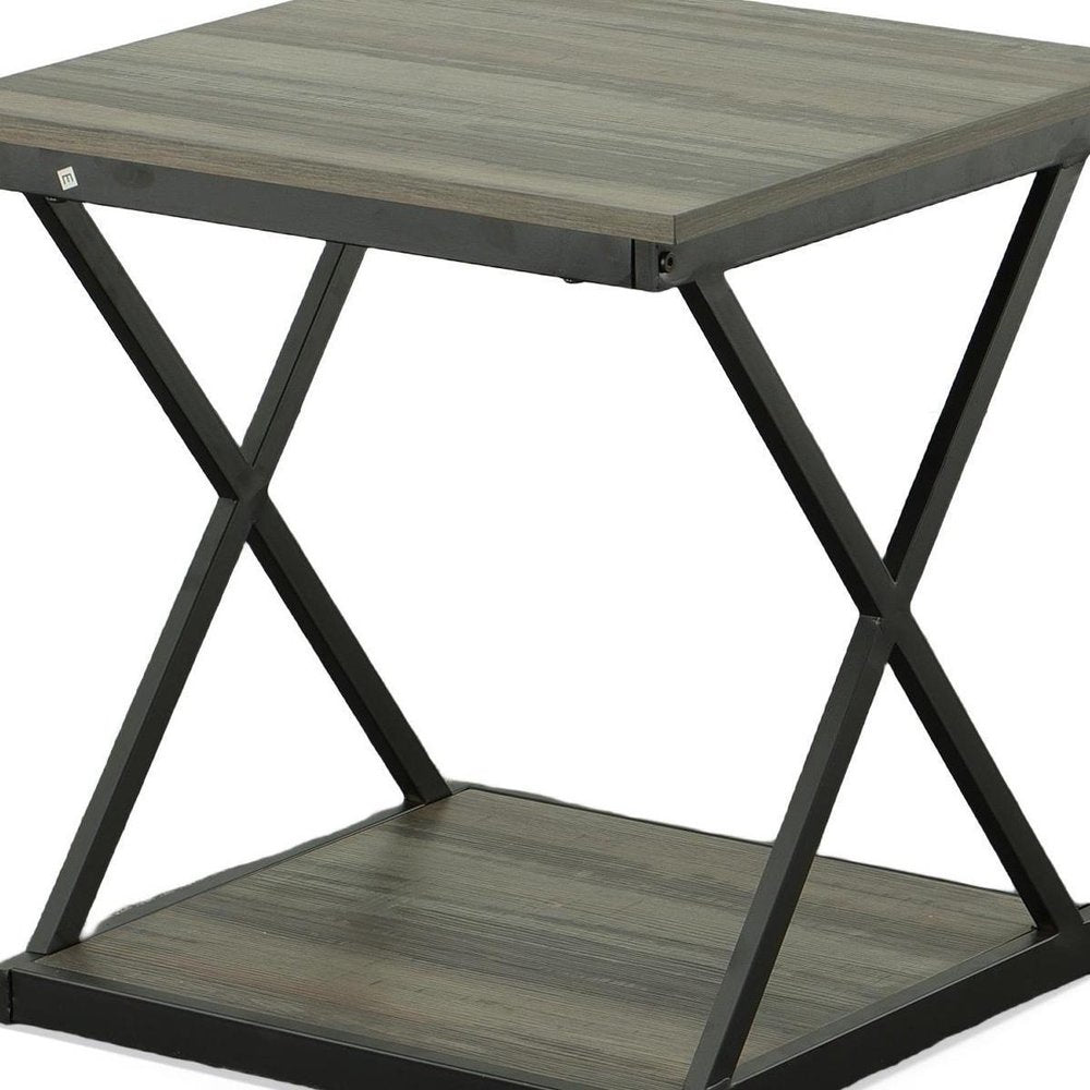 20" Gray and Black Wood and Iron Square Frame End Table With Shelf HomeRoots
