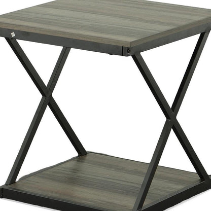 20" Gray and Black Wood and Iron Square Frame End Table With Shelf HomeRoots