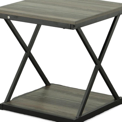 20" Gray and Black Wood and Iron Square Frame End Table With Shelf HomeRoots