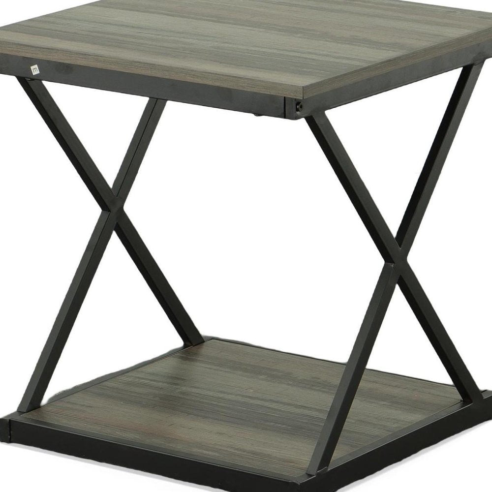 20" Gray and Black Wood and Iron Square Frame End Table With Shelf HomeRoots