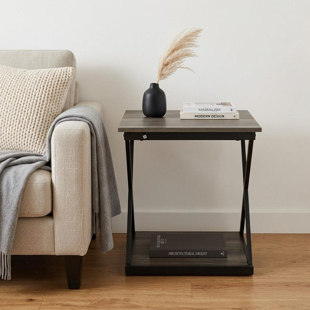 20" Gray and Black Wood and Iron Square Frame End Table With Shelf HomeRoots