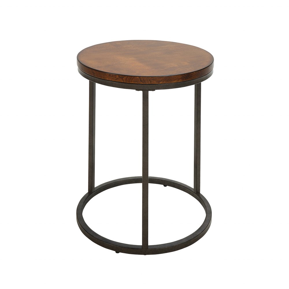 24" Black And Wood Brown Wood And Iron Round End Table — view 1