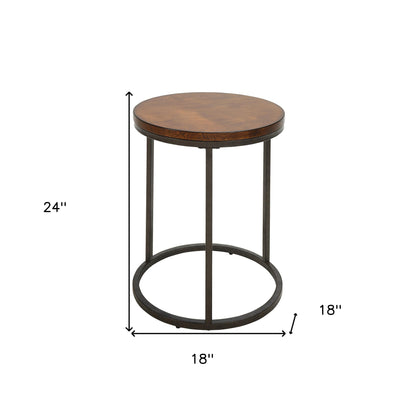 24" Black And Wood Brown Wood And Iron Round End Table