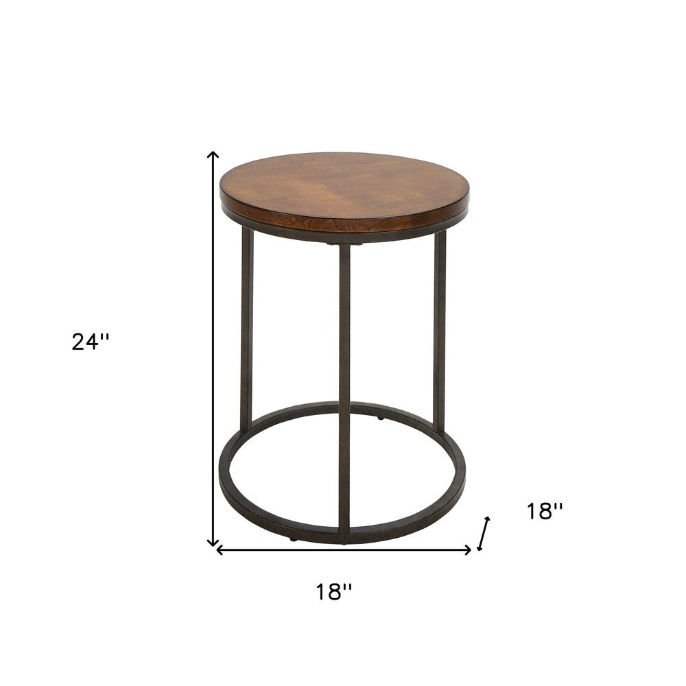 24" Black And Wood Brown Wood And Iron Round End Table — view 2