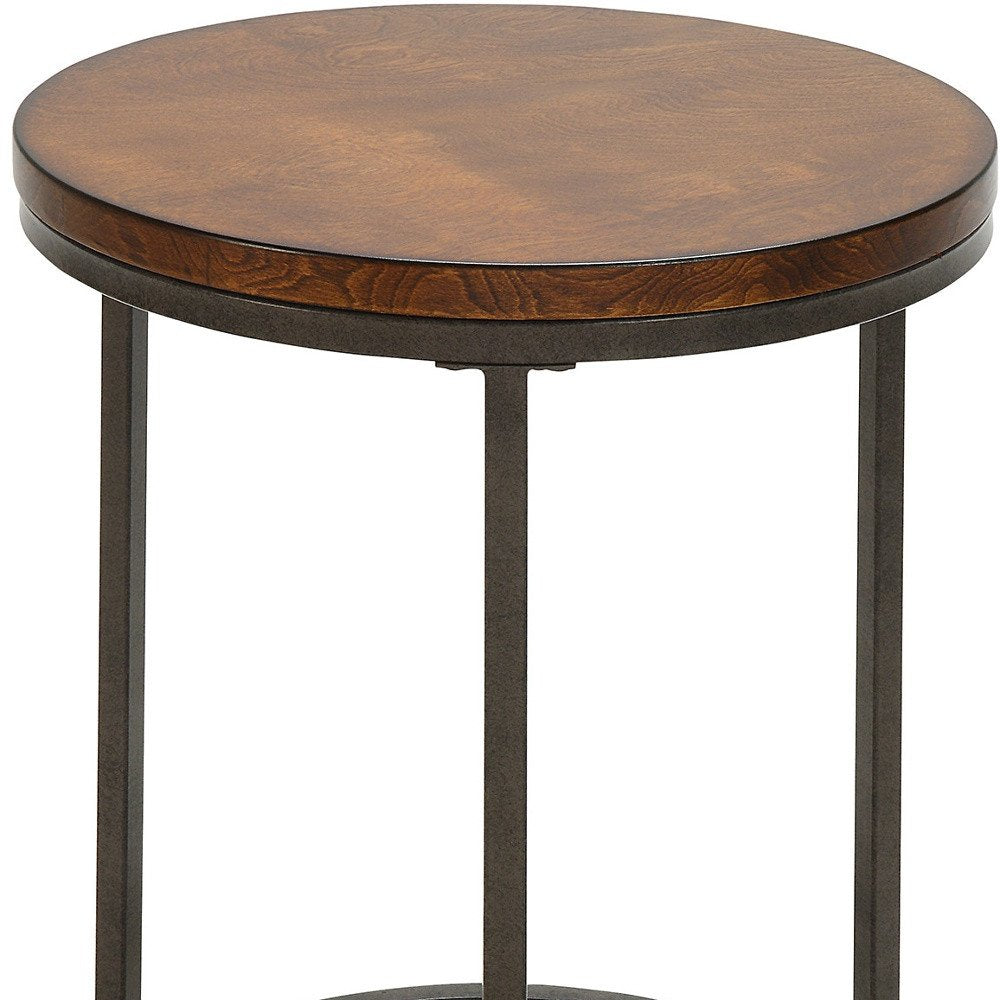 24" Black And Wood Brown Wood And Iron Round End Table — view 4
