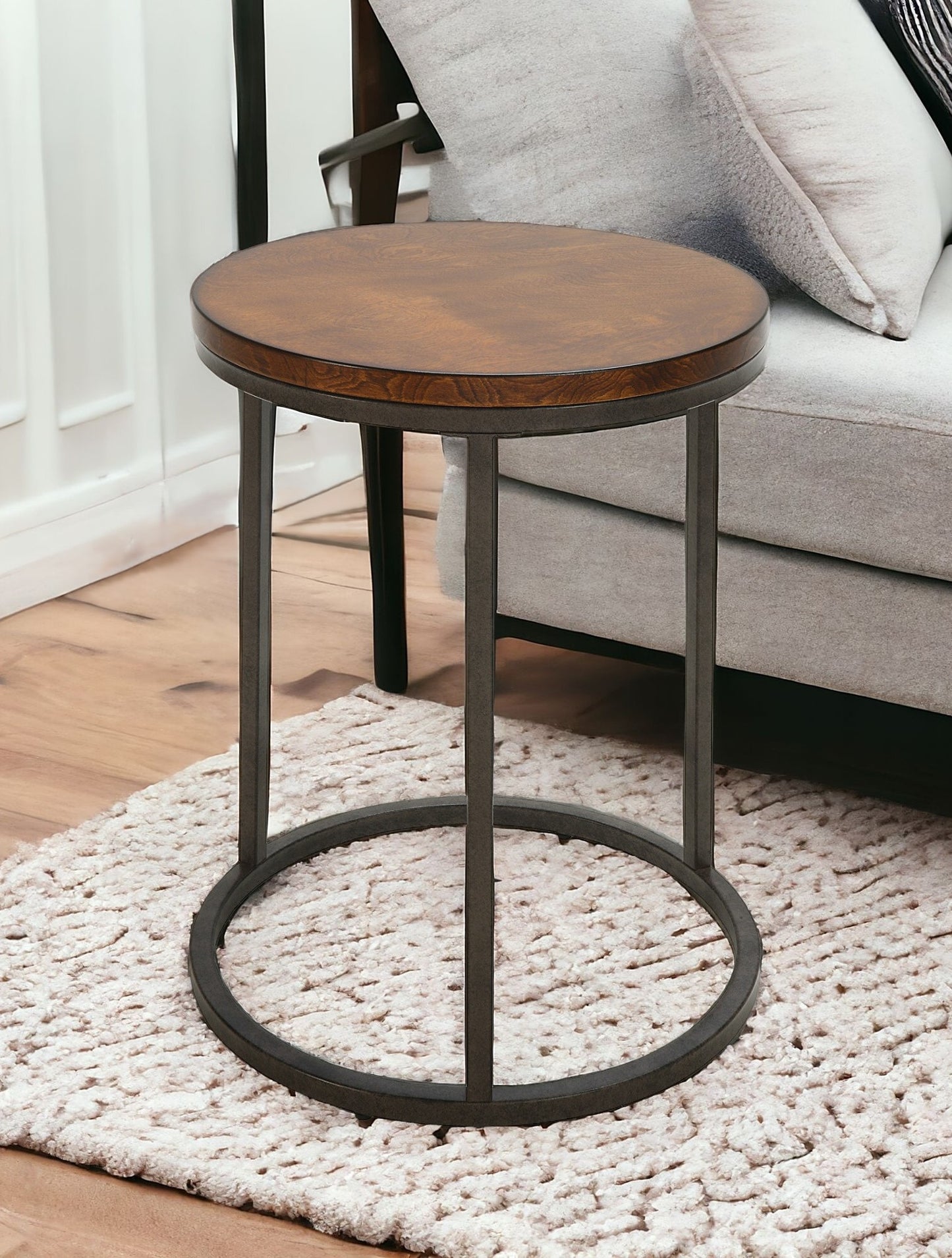 24" Black And Wood Brown Wood And Iron Round End Table