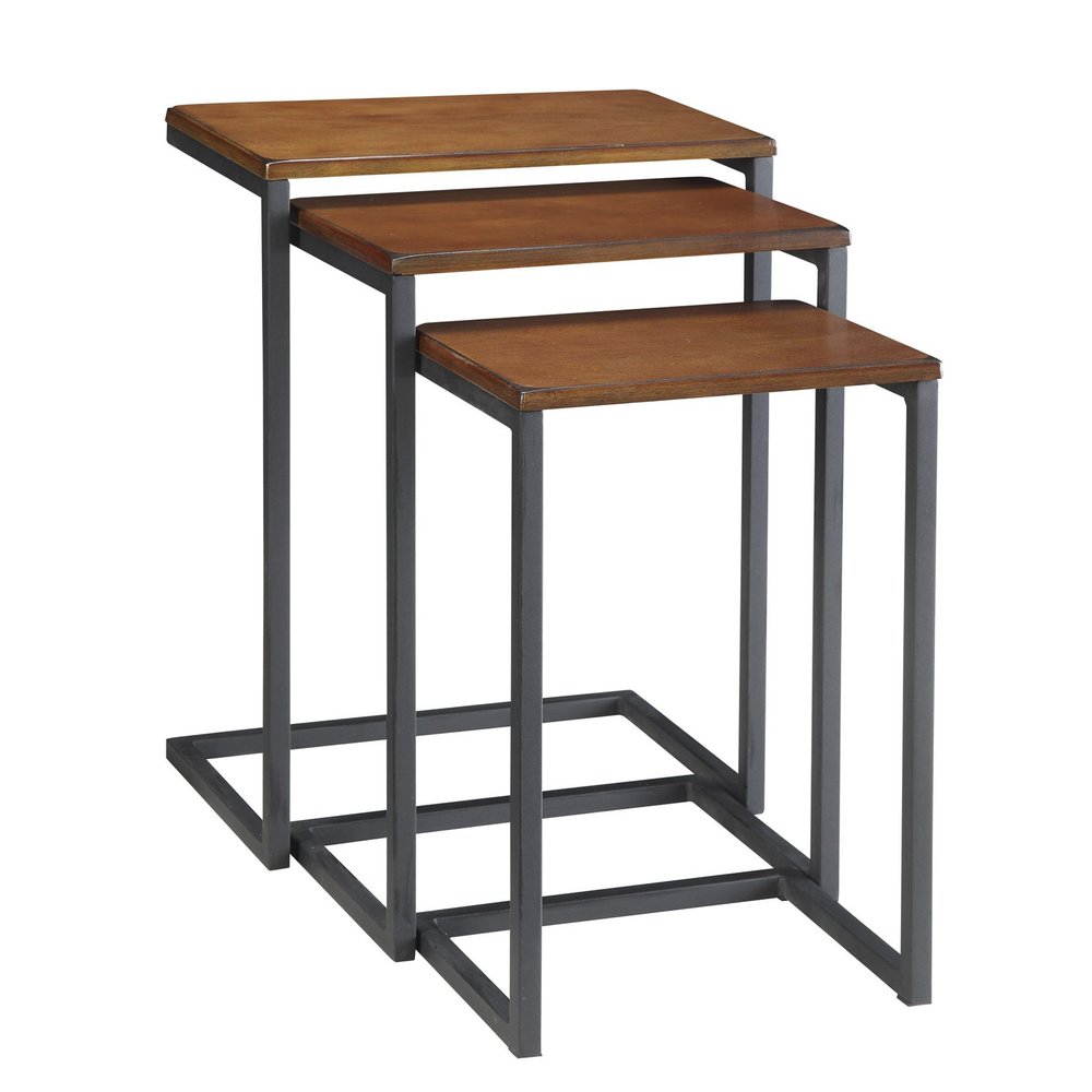 Set of Three Brown and Black Distressed Solid Wood and Metal Frame Nested Tables HomeRoots