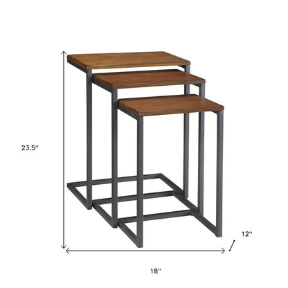Set of Three Brown and Black Distressed Solid Wood and Metal Frame Nested Tables HomeRoots