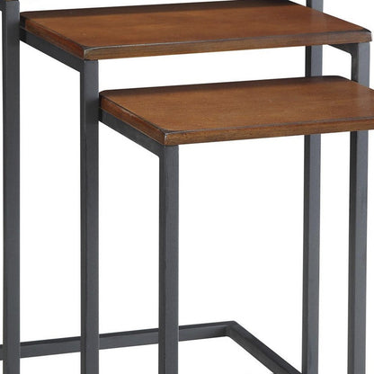 Set of Three Brown and Black Distressed Solid Wood and Metal Frame Nested Tables HomeRoots