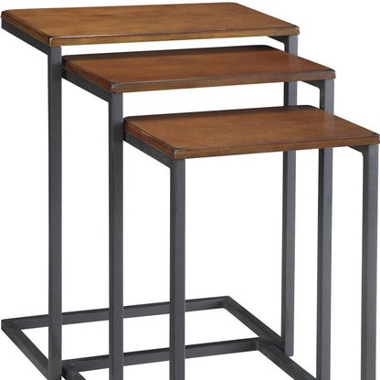 Set of Three Brown and Black Distressed Solid Wood and Metal Frame Nested Tables HomeRoots