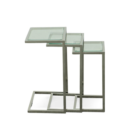 Set of Three Clear And Silver Glass And Steel Nested Tables