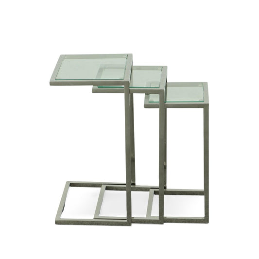 Set of Three Clear And Silver Glass And Steel Nested Tables