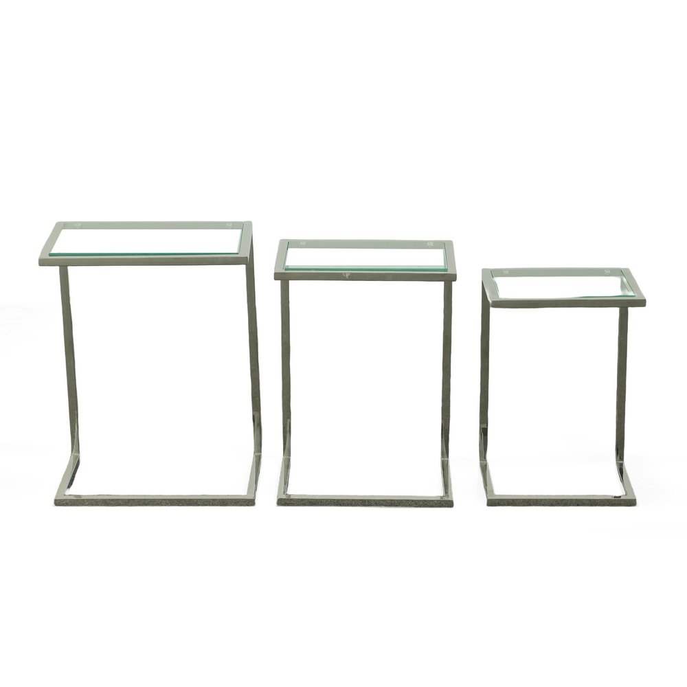 Set of Three Clear And Silver Glass And Steel Nested Tables — view 3