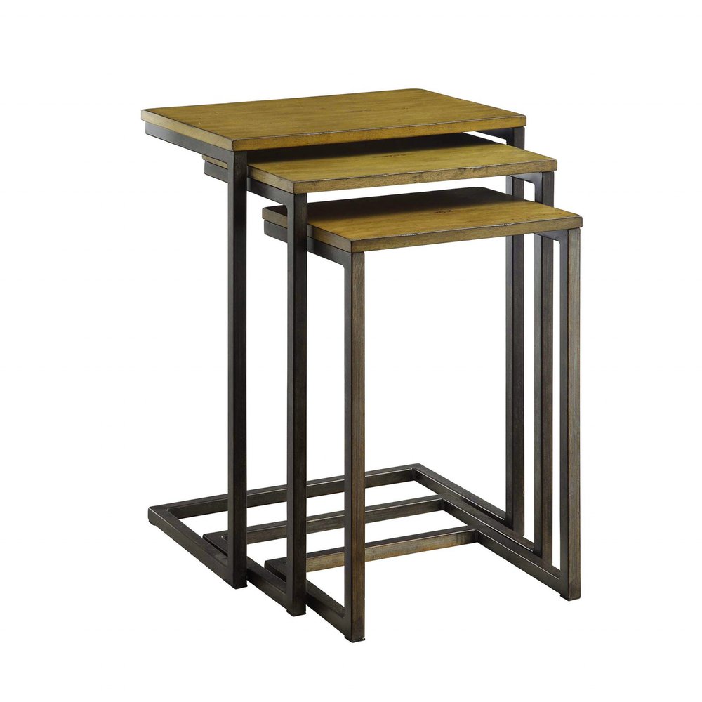 Set of Three Brown and Black Distressed Solid Wood and Steel Frame Nested Tables — view 1