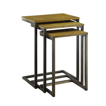 Set of Three Brown and Black Distressed Solid Wood and Steel Frame Nested Tables HomeRoots