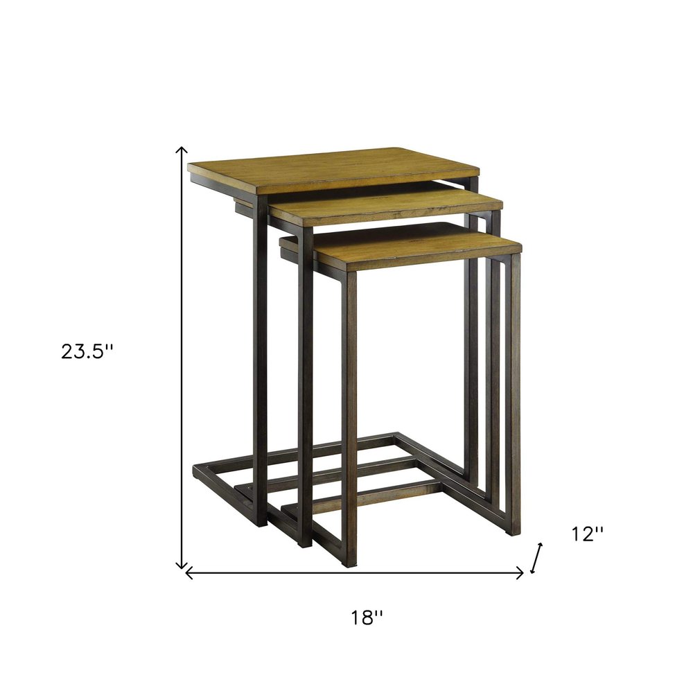 Set of Three Brown and Black Distressed Solid Wood and Steel Frame Nested Tables — view 2