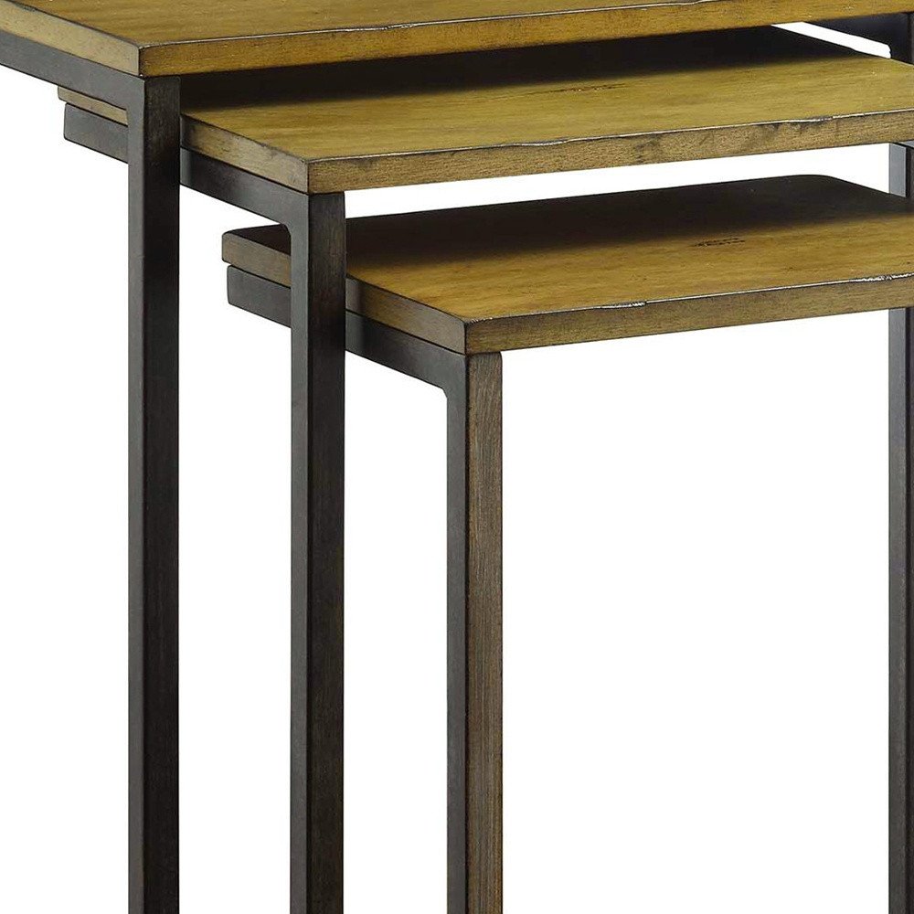 Set of Three Brown and Black Distressed Solid Wood and Steel Frame Nested Tables HomeRoots