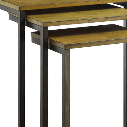 Set of Three Brown and Black Distressed Solid Wood and Steel Frame Nested Tables HomeRoots
