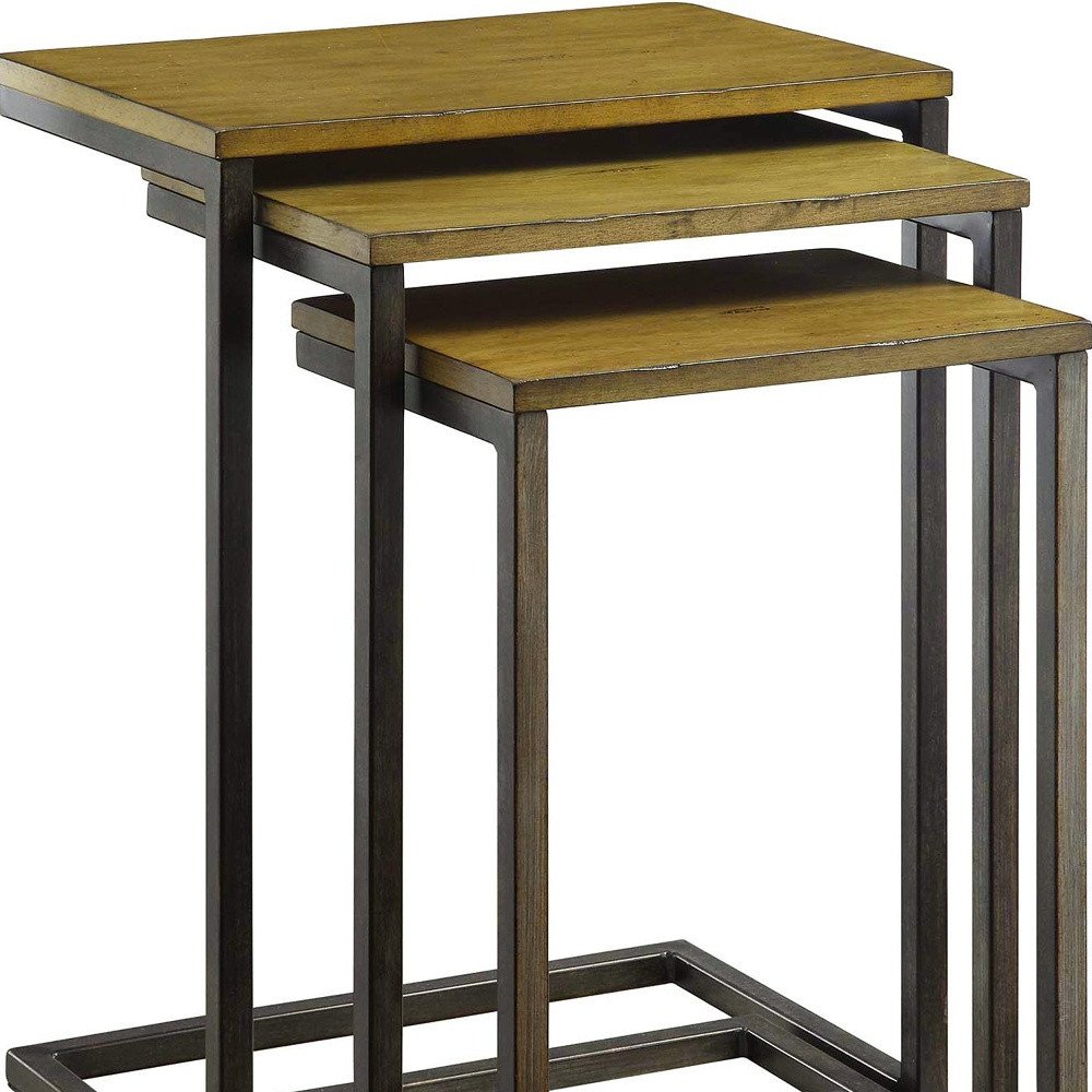 Set of Three Brown and Black Distressed Solid Wood and Steel Frame Nested Tables HomeRoots