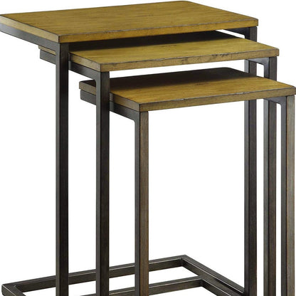 Set of Three Brown and Black Distressed Solid Wood and Steel Frame Nested Tables HomeRoots