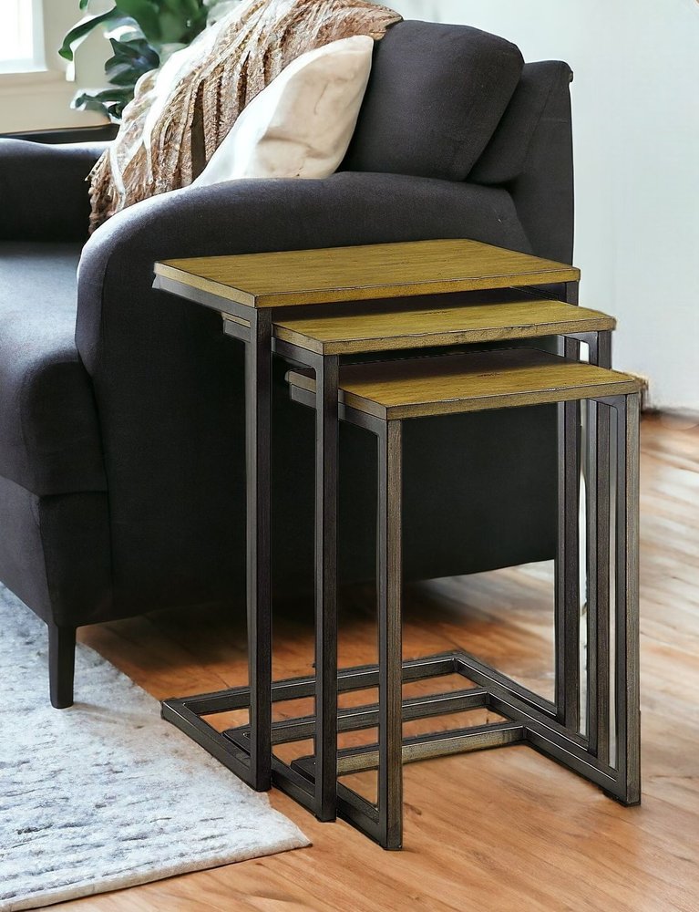 Set of Three Brown and Black Distressed Solid Wood and Steel Frame Nested Tables HomeRoots