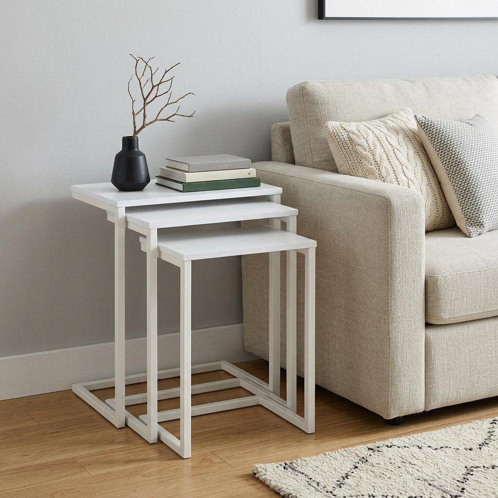 Set of Three White Solid Wood and Steel Frame Nested Tables HomeRoots
