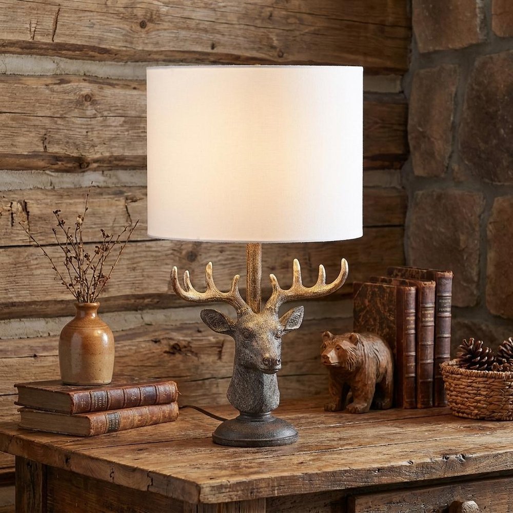 18" Antiqued Bronzed Stag Bust Table Lamp With White Drum Shade — view 4