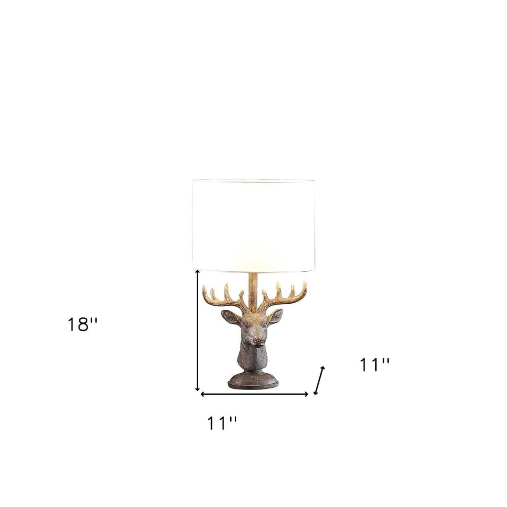 18" Antiqued Bronzed Stag Bust Table Lamp With White Drum Shade — view 3