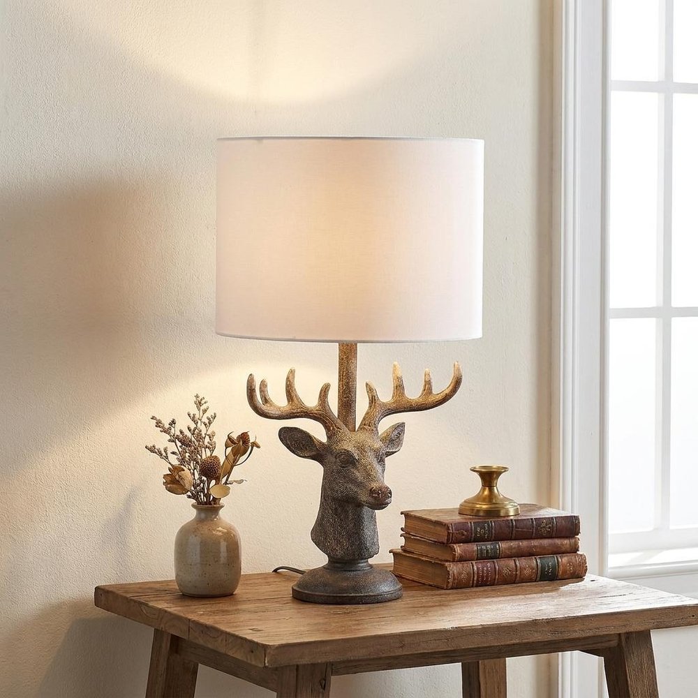 18" Antiqued Bronzed Stag Bust Table Lamp With White Drum Shade — view 5