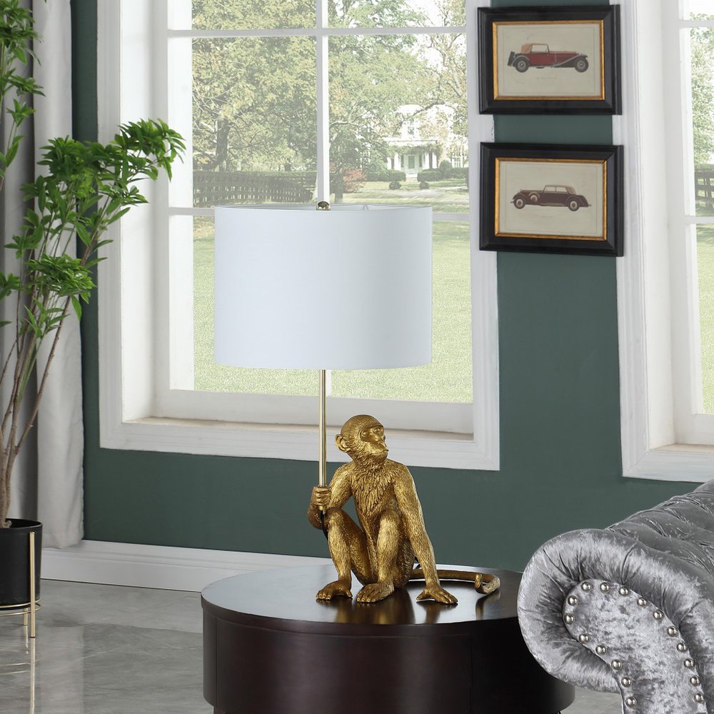 26" Antiqued Gold Sitting Monkey Table Lamp With White HomeRoots