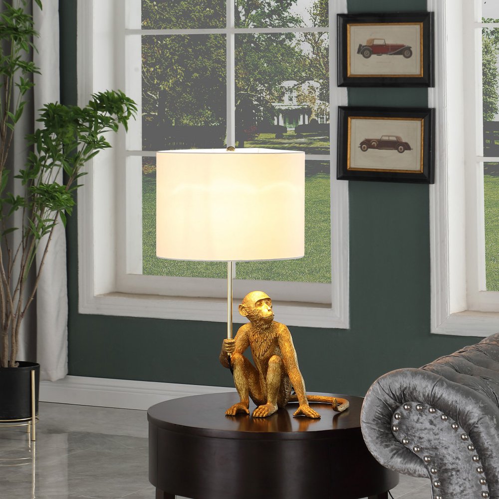 26" Antiqued Gold Sitting Monkey Table Lamp With White HomeRoots