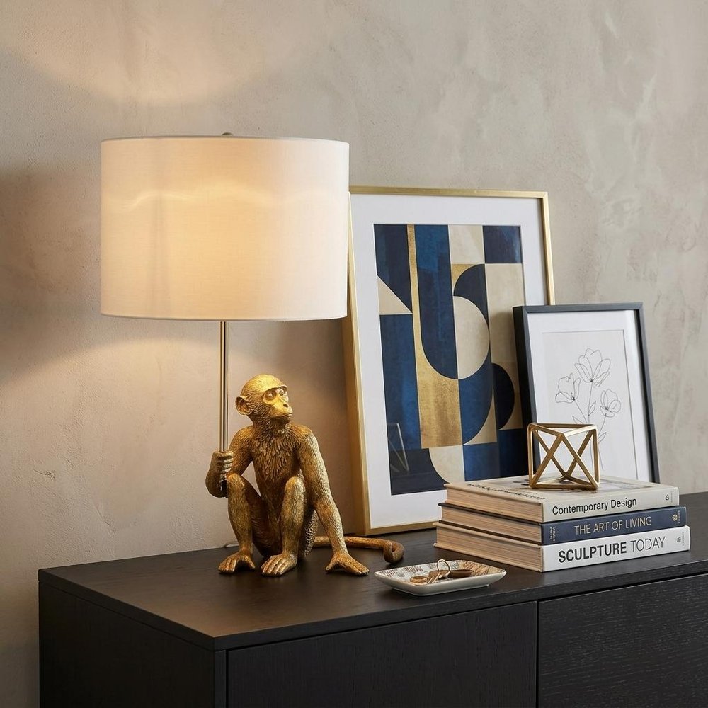26" Antiqued Gold Sitting Monkey Table Lamp With White HomeRoots