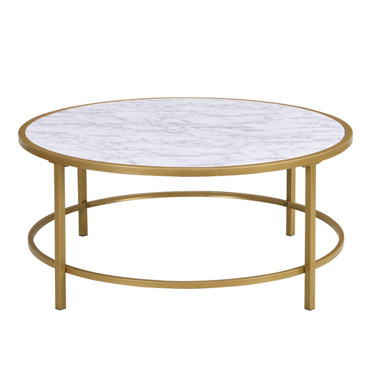 36" White And Gold Faux Marble And Metal Round Coffee Table