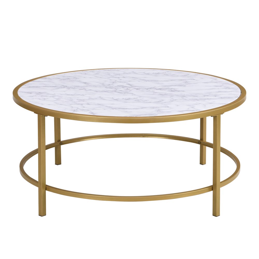 36" White And Gold Faux Marble And Metal Round Coffee Table HomeRoots