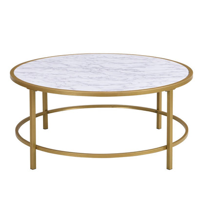 36" White And Gold Faux Marble And Metal Round Coffee Table HomeRoots