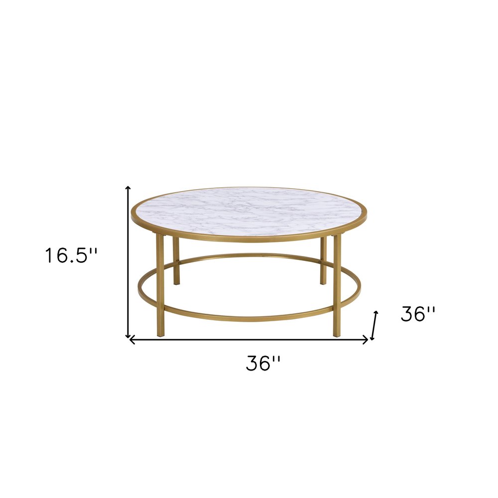 36" White And Gold Faux Marble And Metal Round Coffee Table HomeRoots