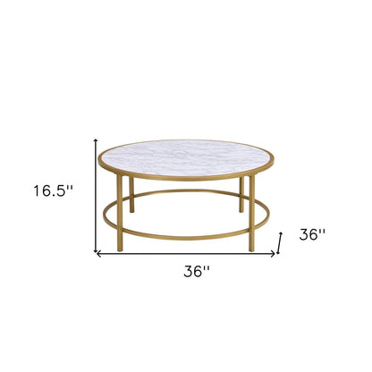 36" White And Gold Faux Marble And Metal Round Coffee Table HomeRoots