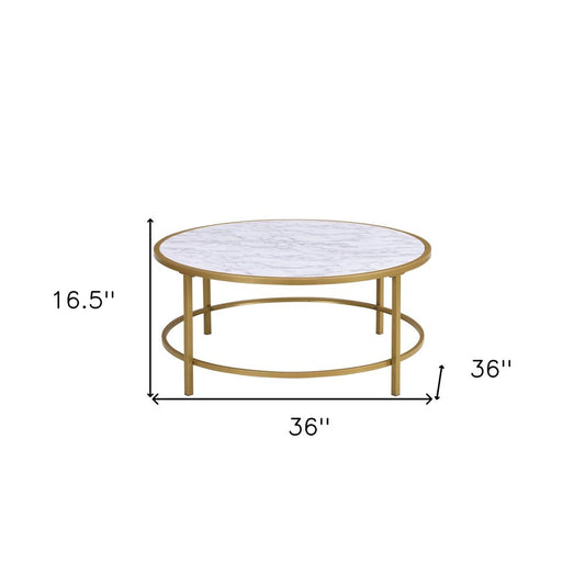 36" White And Gold Faux Marble And Metal Round Coffee Table HomeRoots