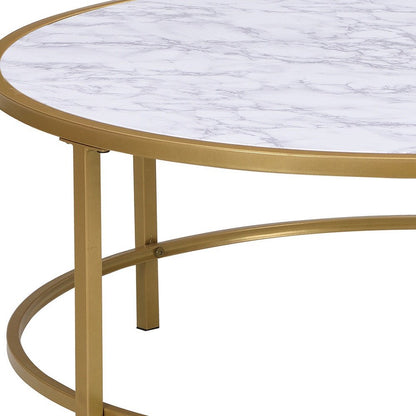 36" White And Gold Faux Marble And Metal Round Coffee Table HomeRoots