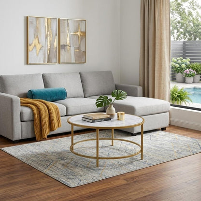 36" White And Gold Faux Marble And Metal Round Coffee Table HomeRoots