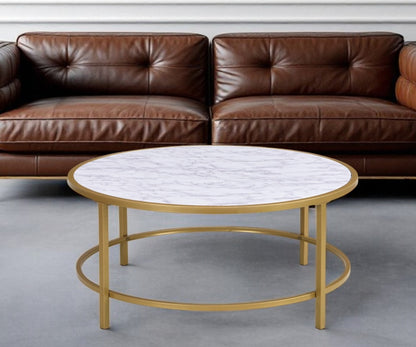 36" White And Gold Faux Marble And Metal Round Coffee Table