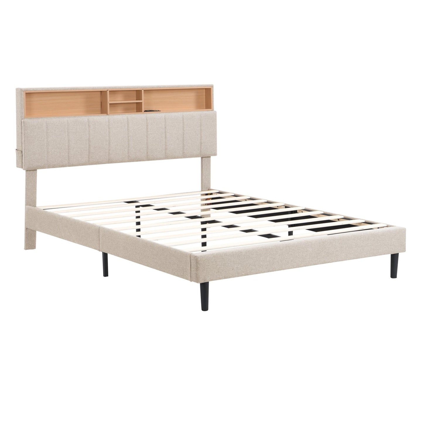 Queen Size Upholstered Platform Bed with Storage Headboard and USB Port Linen Fabric Upholstered Bed (Beige) - FurniFindUSA