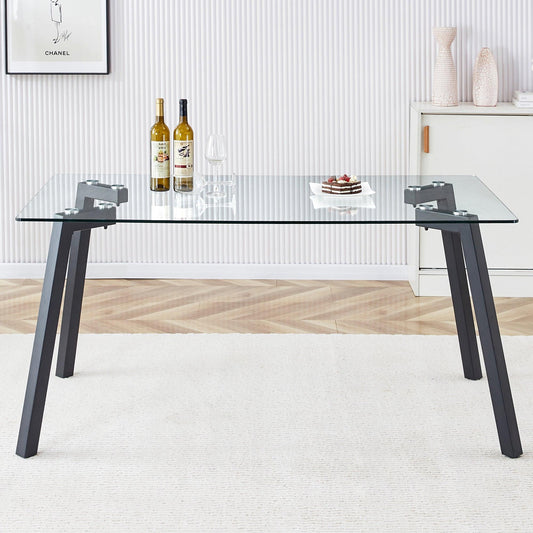 Modern Minimalist Rectangular Glass Dining Table with 0.31" Tempered Glass Tabletop and Black Coating Metal Legs - FurniFindUSA