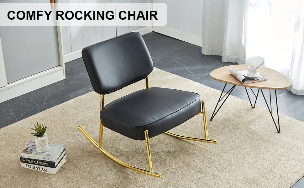 PU material cushioned rocking chair unique rocking chair cushioned seat black backrest rocking chair and gold metal legs - FurniFindUSA