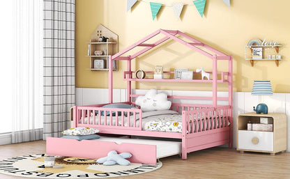 Wooden Full Size House Bed with Twin Size Trundle Kids Bed with Shelf Pink - FurniFindUSA