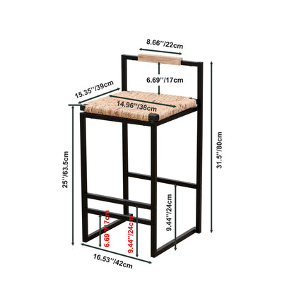 Set of 2 Water Hyacinth Woven Bar Stools with Back Support Counter Height Dining Chairs (Water Hyacinth with Back) - FurniFindUSA