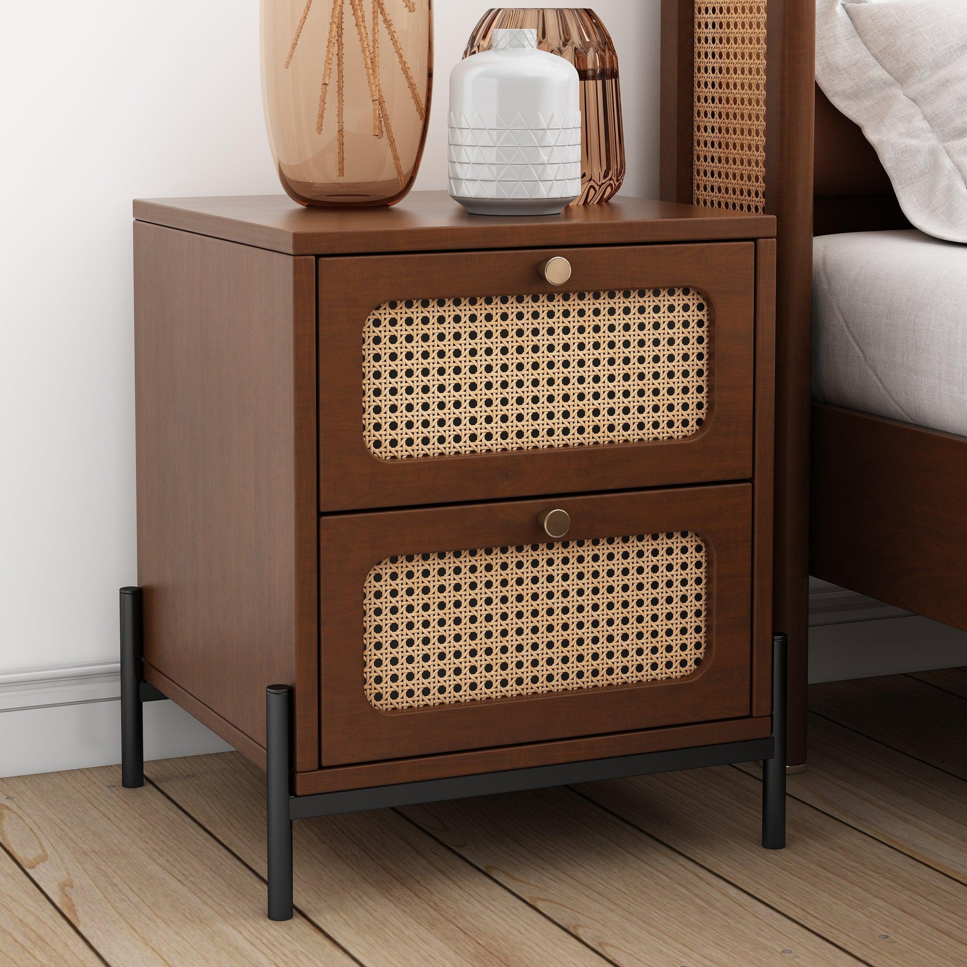 Modern Cannage Rattan Wood Closet 2-Drawer Side Table End Table Nightstand for Bedroom Living Room Entryway Hallway Walnut - FurniFindUSA